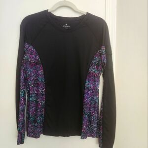 Athleta Women's Large Black and Purple Fitted Graphic Long Sleeve Tee